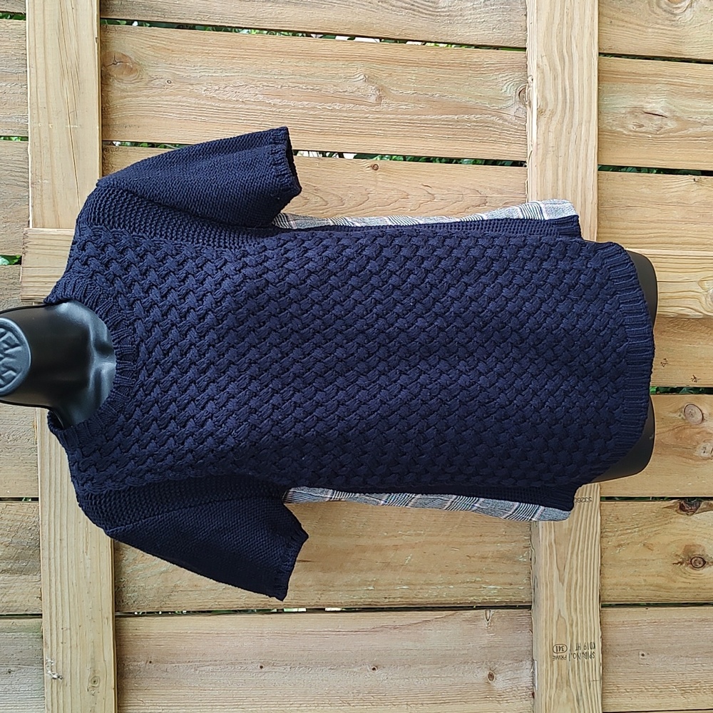 Piazza Sempione Made In Italy Luxury Wool Knit Plaid Short Sleeve Sweater